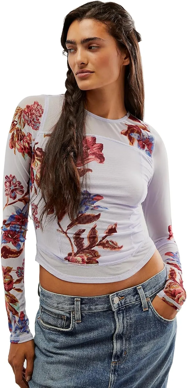 Women's Double-Layer Floral Print Mesh Tops Long Sleeve Sheer Blouse Slim Fit T-Shirts