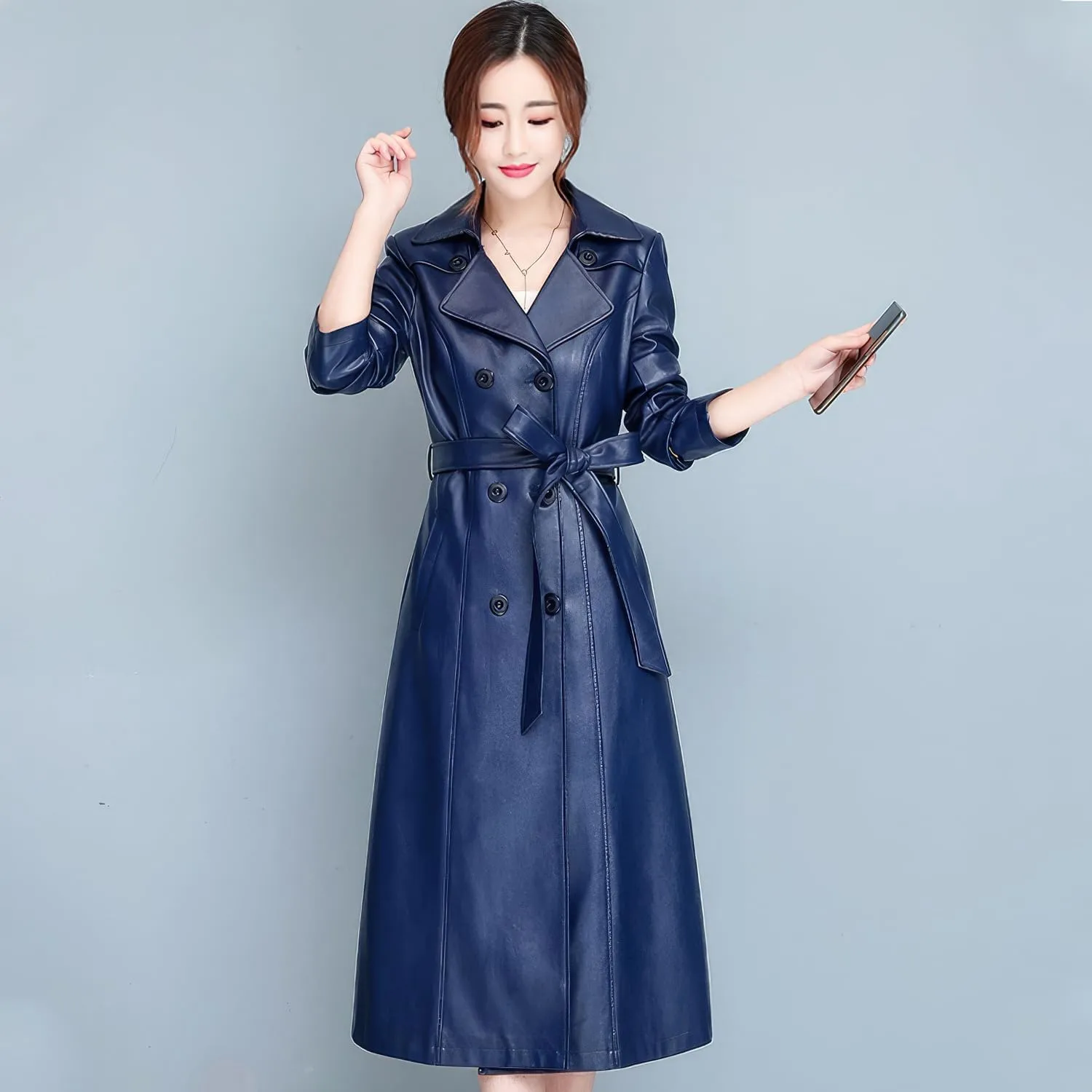 Womens Navy Blue Genuine Sheepskin Leather Trench Coat  Long Double-Breasted Belted Overcoat with Side Pockets