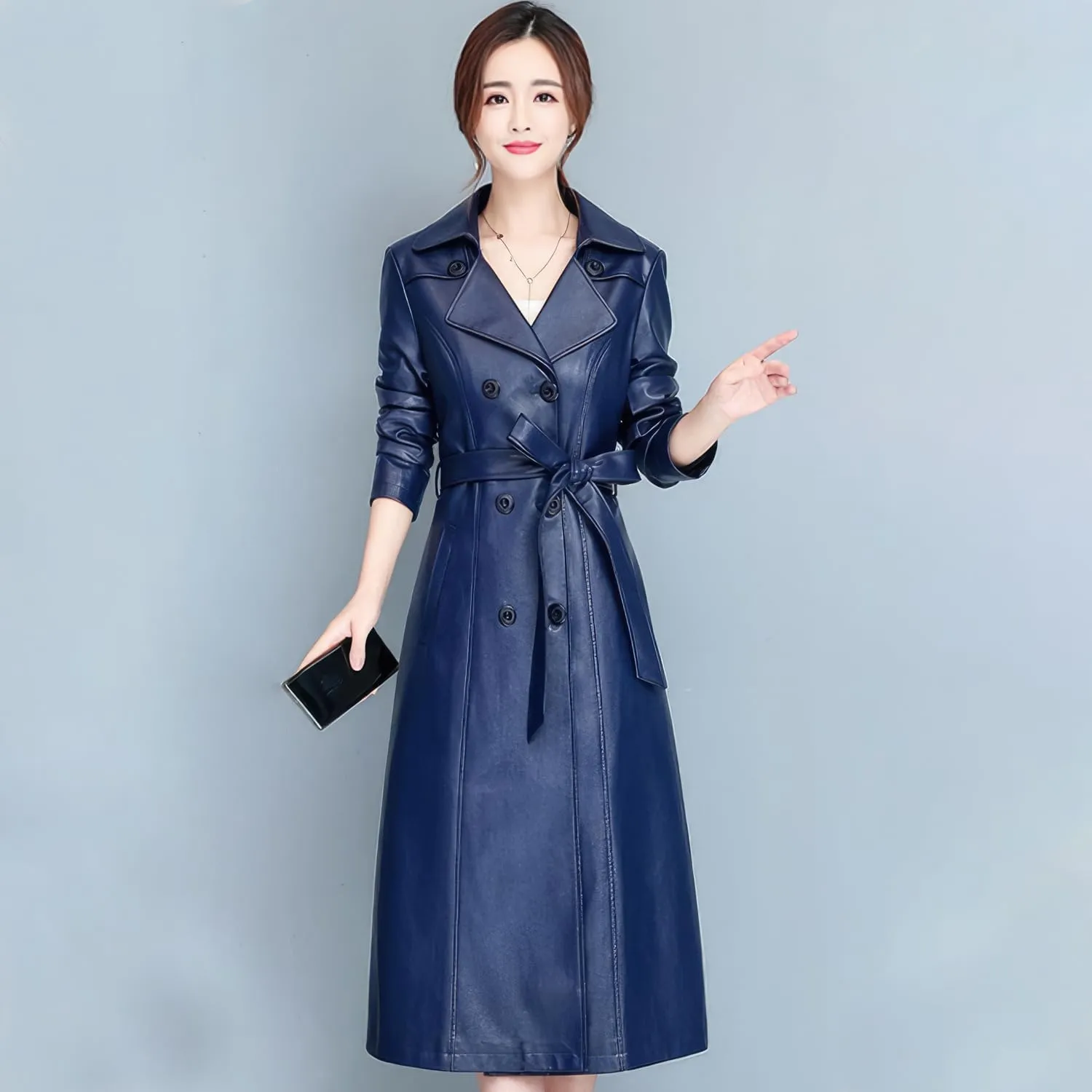Womens Navy Blue Genuine Sheepskin Leather Trench Coat  Long Double-Breasted Belted Overcoat with Side Pockets