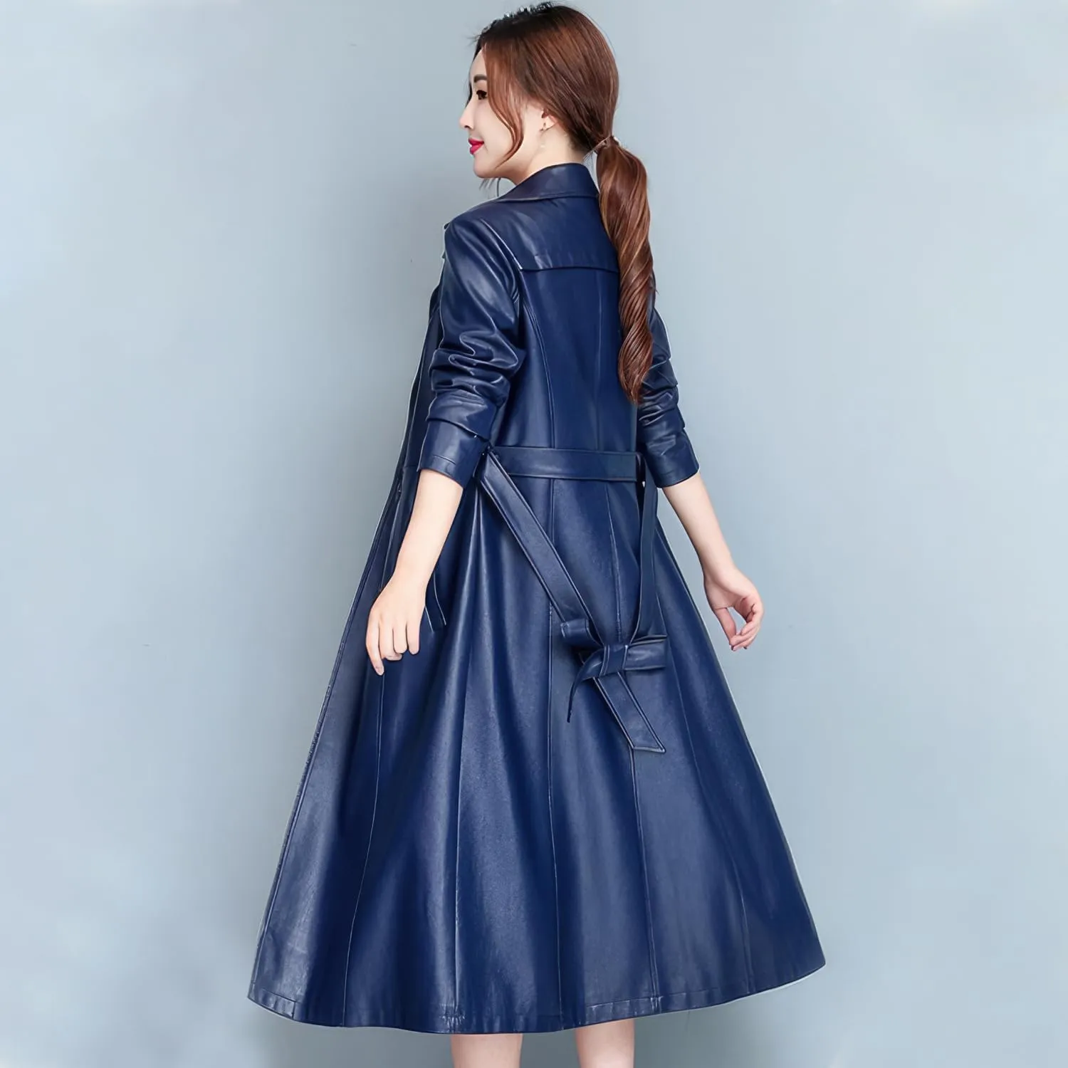 Womens Navy Blue Genuine Sheepskin Leather Trench Coat  Long Double-Breasted Belted Overcoat with Side Pockets