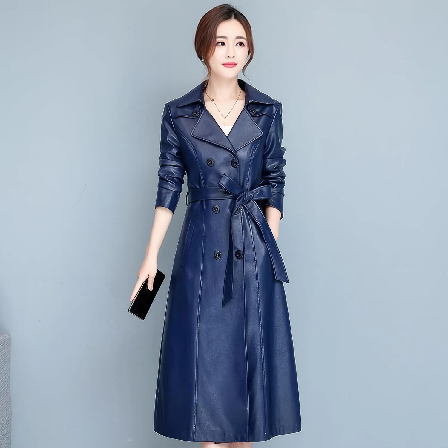 Womens Navy Blue Genuine Sheepskin Leather Trench Coat  Long Double-Breasted Belted Overcoat with Side Pockets