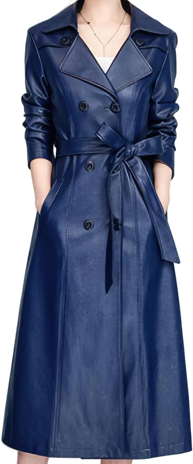 Womens Navy Blue Genuine Sheepskin Leather Trench Coat  Long Double-Breasted Belted Overcoat with Side Pockets
