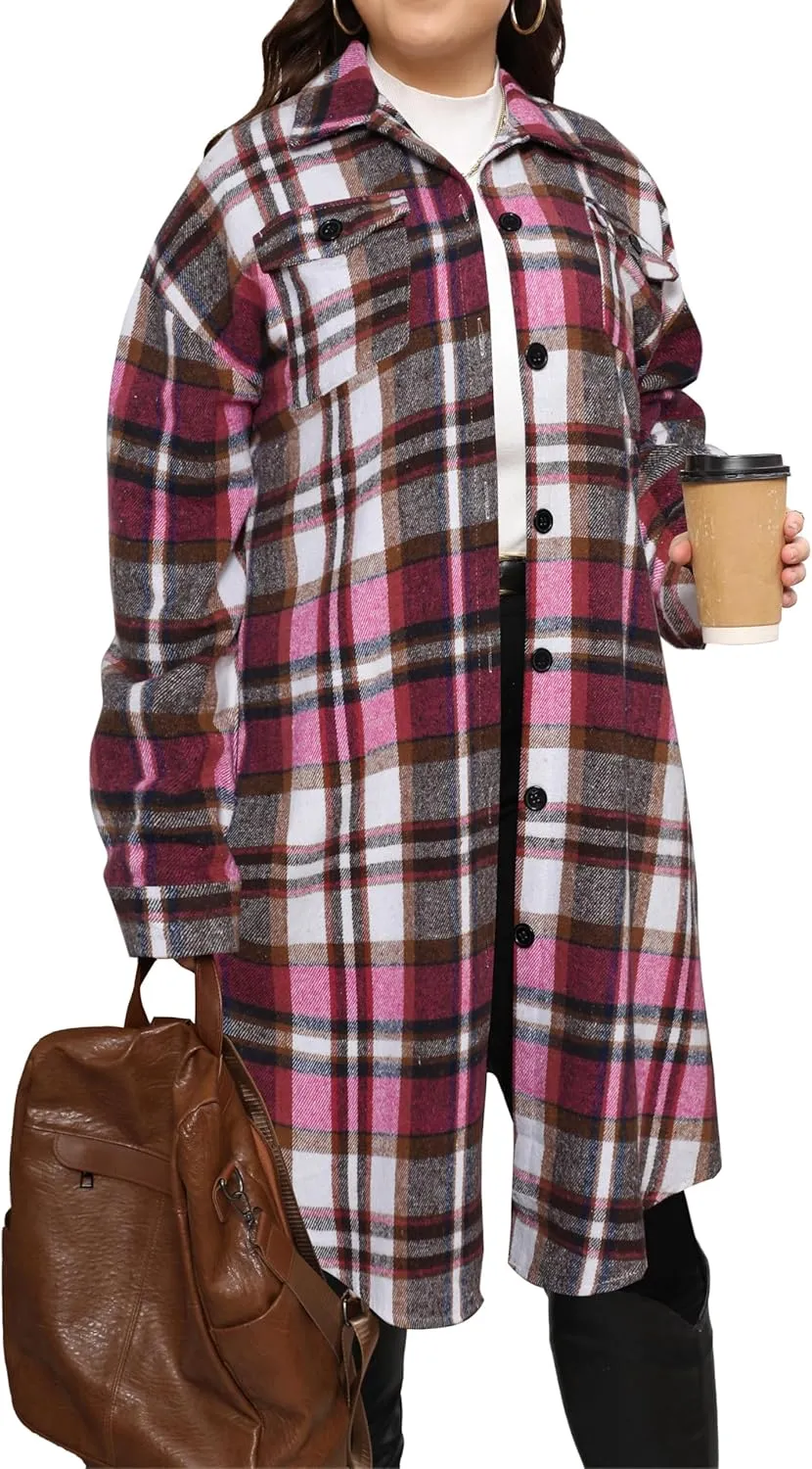 Womens Plus Size Plaid Shirts Shacket Jacket Flannel Fall Tartan Winter Trench Long Coats with Pockets Black Light Pink