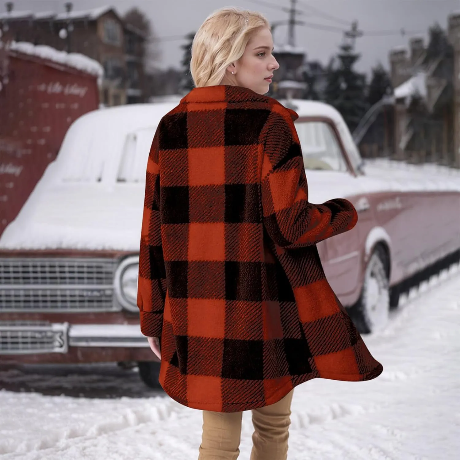 Womens Sherpa Jacket Lapel Button Flannel Jacket Shacket Soft Comfy Plaid Jacket Fleece Long Teddy Coat with Pockets