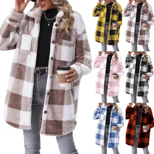 Womens Sherpa Jacket Lapel Button Flannel Jacket Shacket Soft Comfy Plaid Jacket Fleece Long Teddy Coat with Pockets