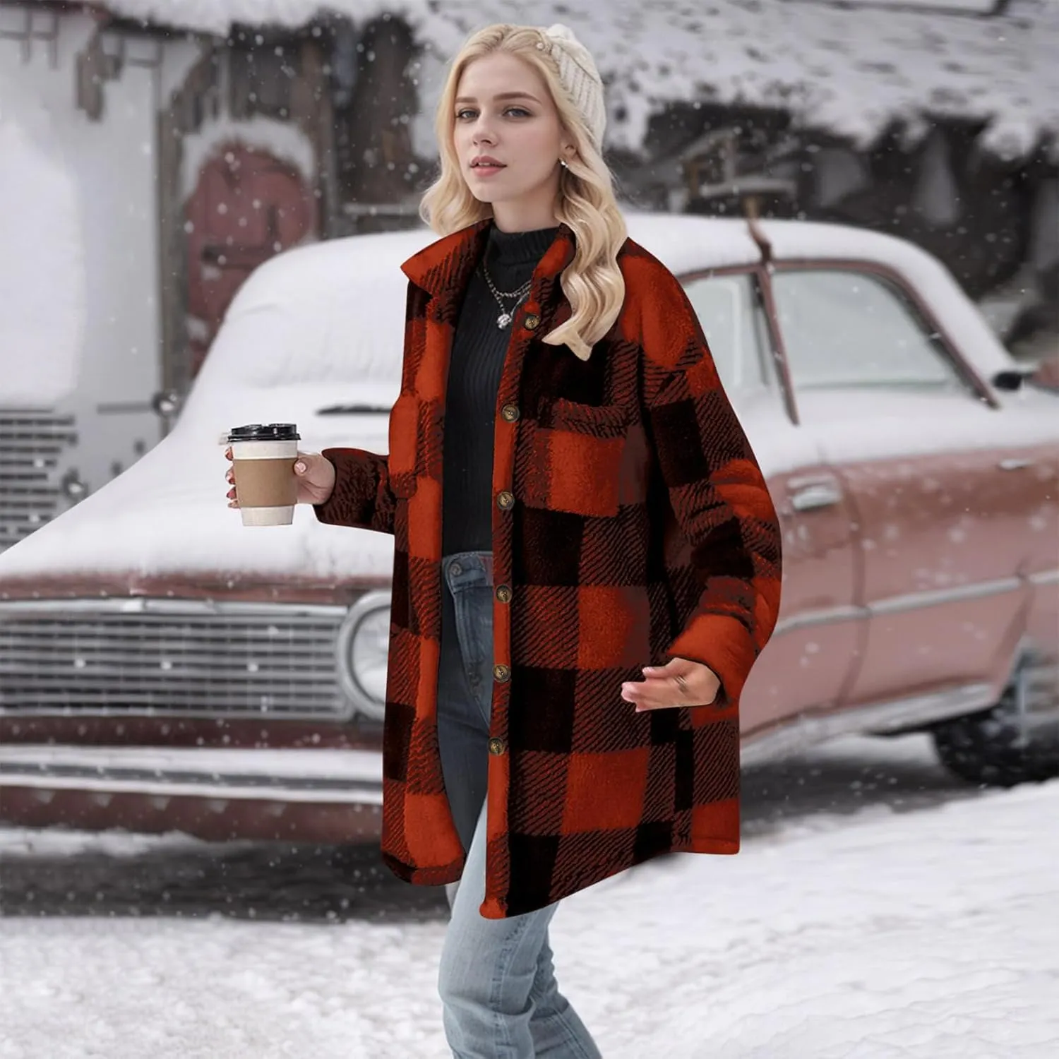 Womens Sherpa Jacket Lapel Button Flannel Jacket Shacket Soft Comfy Plaid Jacket Fleece Long Teddy Coat with Pockets