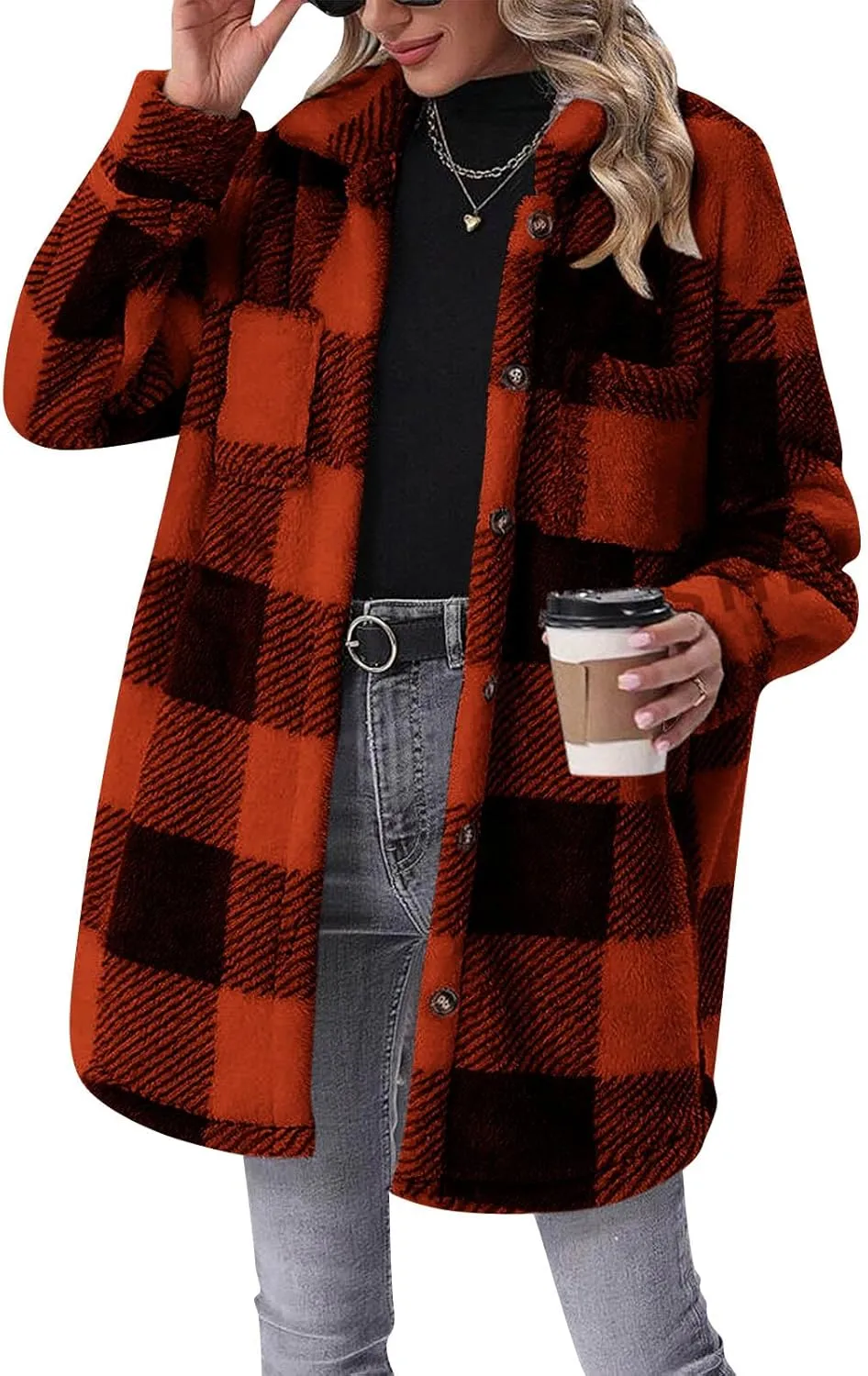 Womens Sherpa Jacket Lapel Button Flannel Jacket Shacket Soft Comfy Plaid Jacket Fleece Long Teddy Coat with Pockets