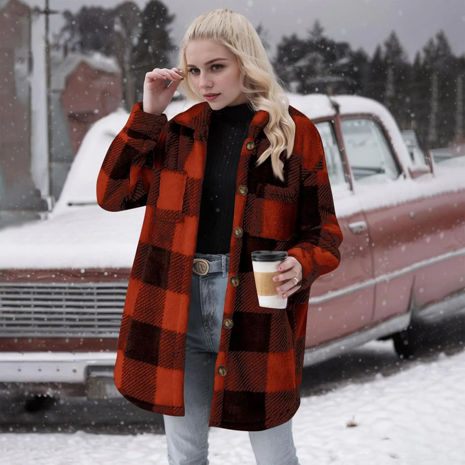 Womens Sherpa Jacket Lapel Button Flannel Jacket Shacket Soft Comfy Plaid Jacket Fleece Long Teddy Coat with Pockets