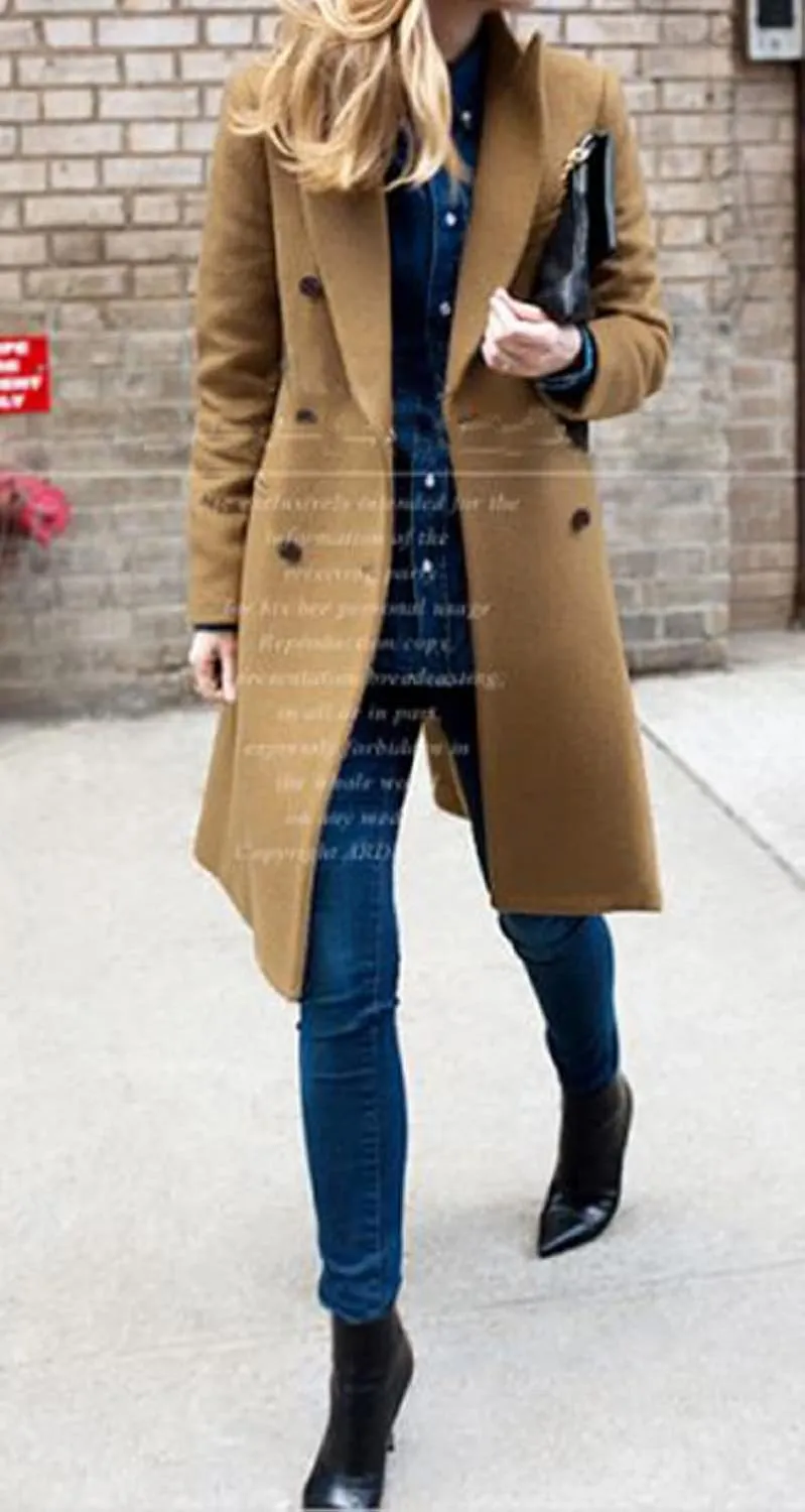 Womens Solid Turn Down Collar Double Breasted Shacket Jacket Autumn Winter Wool Blend Trench Coat