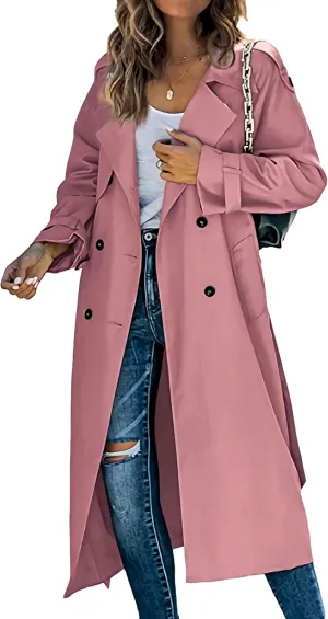 Women's Windproof Trench Coat Notched Lapel Double Breasted Long Overcoat Casual Fall Winter Windbreaker Outerwear