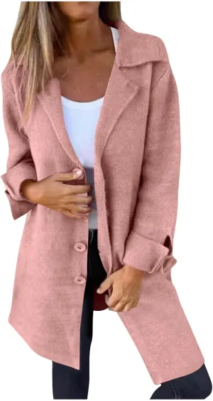 Womens Wool Coats Double Breasted Outwear Cardigan Lapel Jackets Winter Midi Pea Coat Trench Coat With Pockets