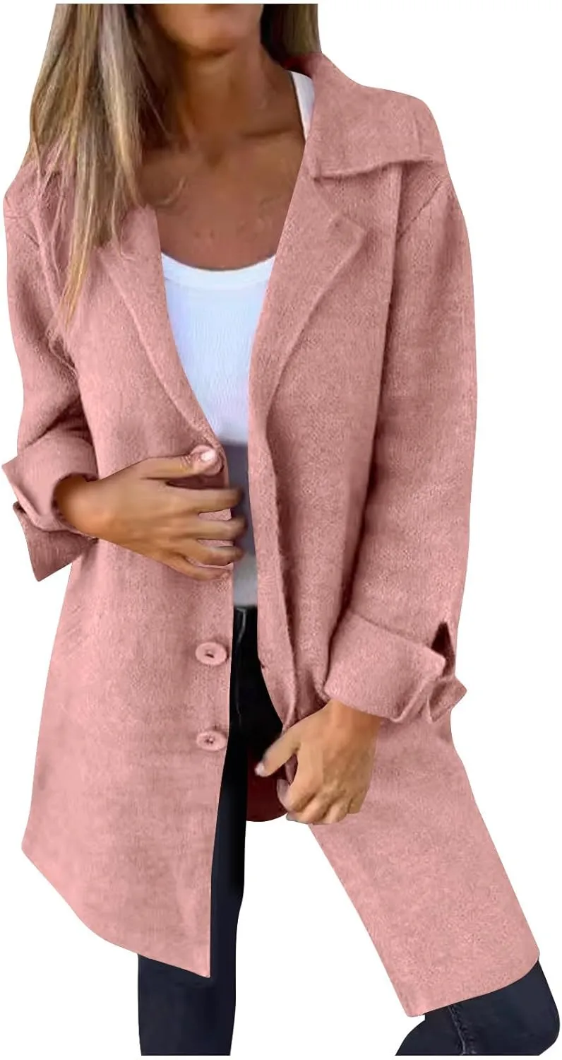 Womens Wool Coats Double Breasted Outwear Cardigan Lapel Jackets Winter Midi Pea Coat Trench Coat With Pockets