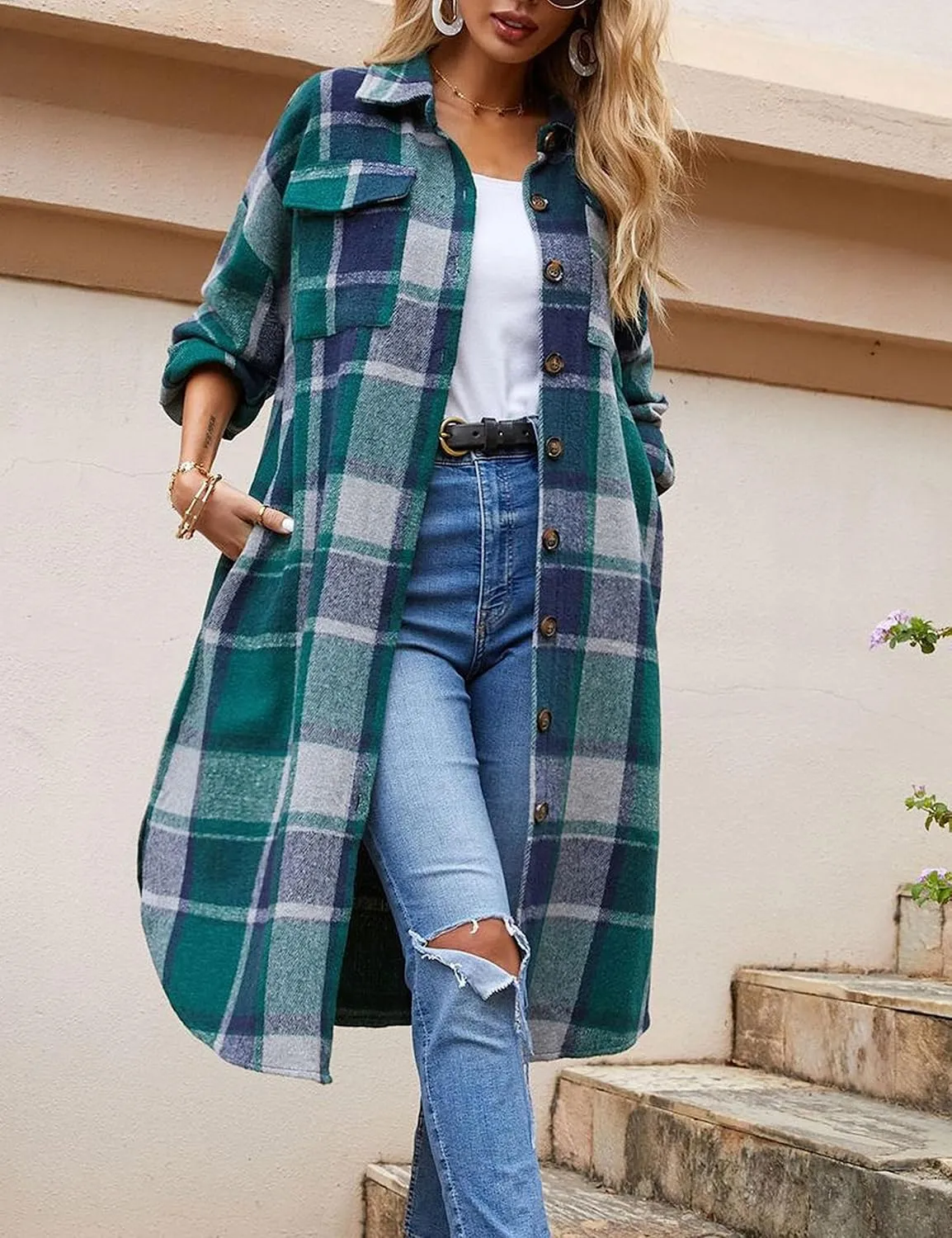 Zontroldy Casual Long Plaid Shirts Shacket Jacket Button Down Long Sleeve Shirts Trench Coats for Women