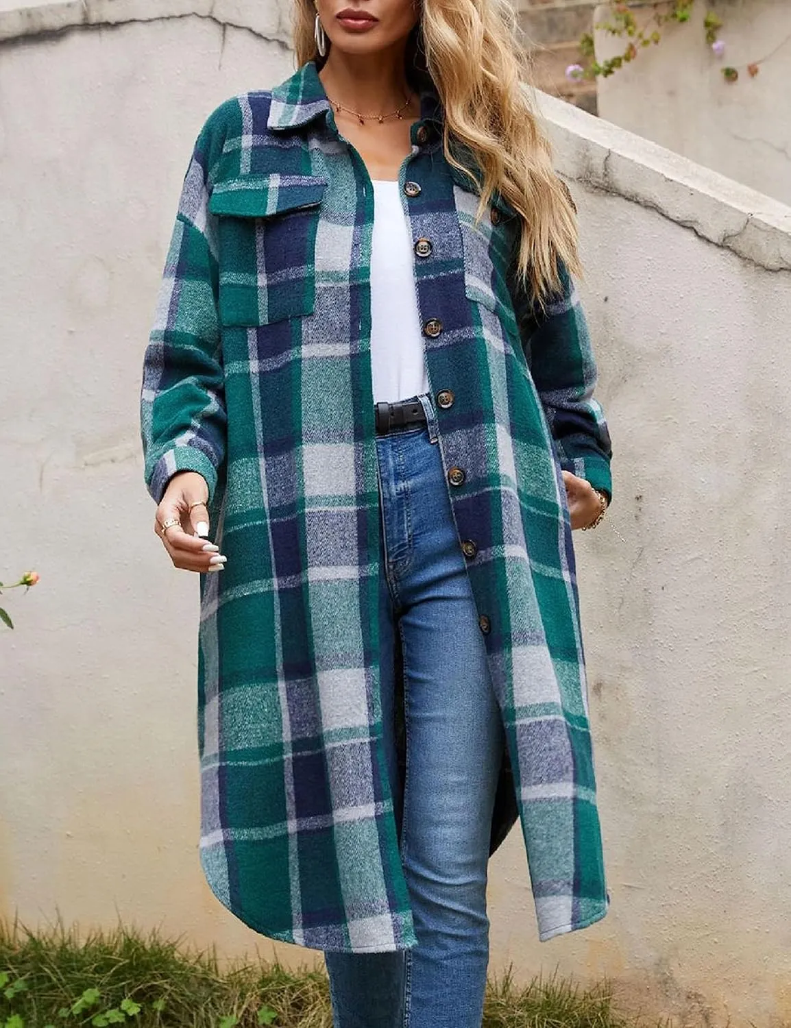 Zontroldy Casual Long Plaid Shirts Shacket Jacket Button Down Long Sleeve Shirts Trench Coats for Women
