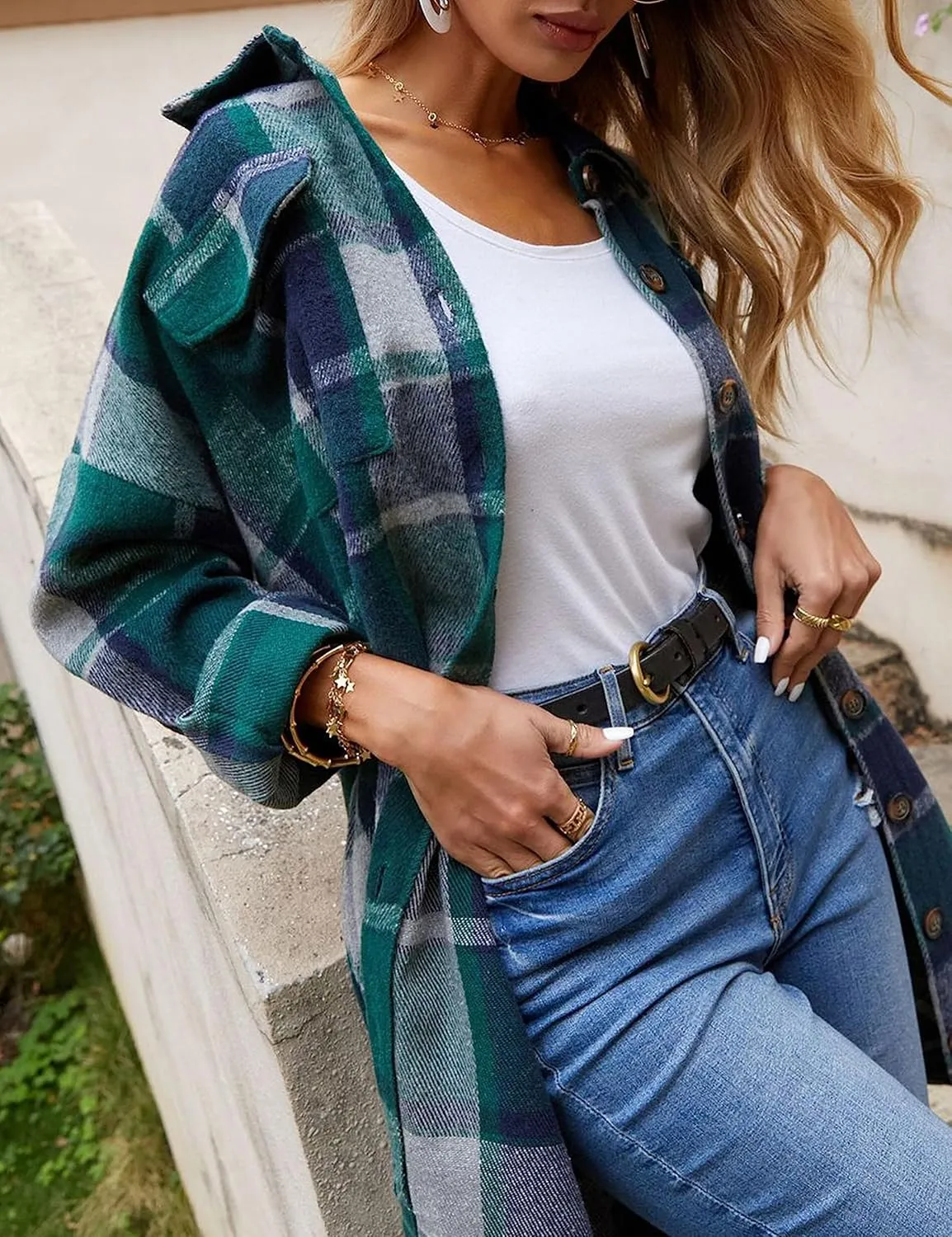 Zontroldy Casual Long Plaid Shirts Shacket Jacket Button Down Long Sleeve Shirts Trench Coats for Women