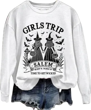 ZYXTIM Halloween Pullover Tops for Women Girls Trip Time to Get Wicked Letter Graphic Scary Printed Sweatshirts Holiday Tees